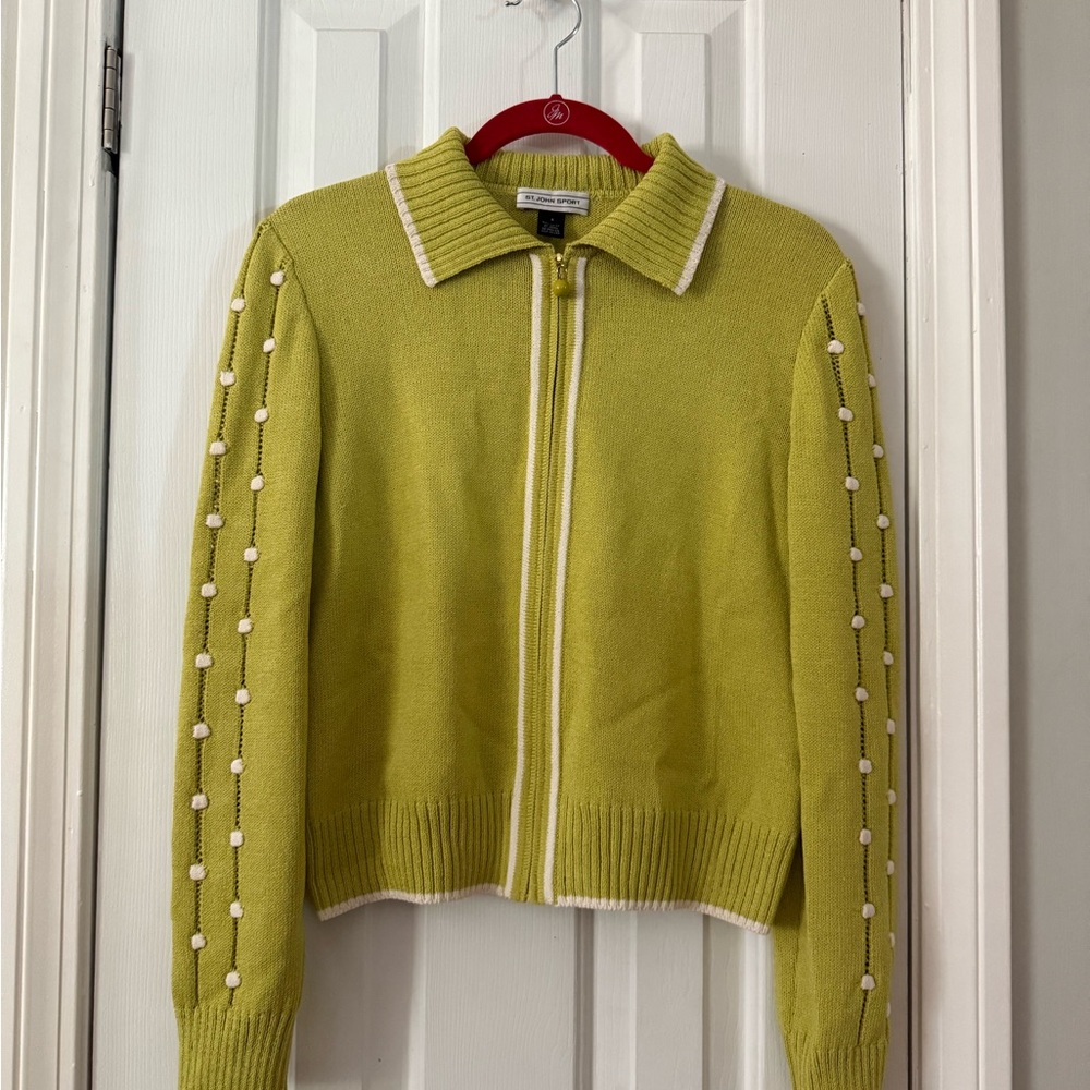 St. John Lime Green Cardigan with White Accents